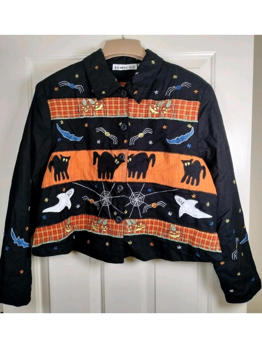 VTG 90s Halloween Embroidered Jacket XL Tunique Black Cat Ghost Shoulder Pads